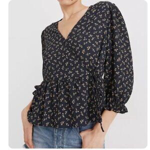 Madewell Blue Floral Puff Sleeve Peplum Gauzy Boho Lightweight Wrap XS Blouse